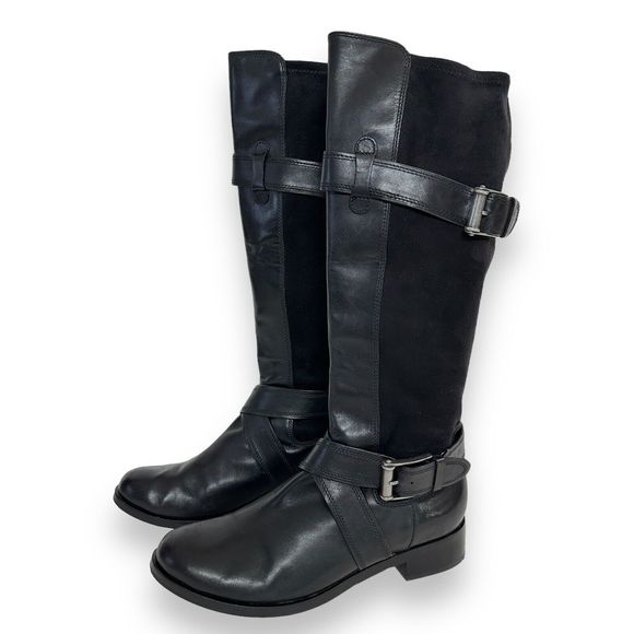 COLE HAAN Riding Boot Sz 8.5 Whitley Black Leather NikeAir Tall Knee High Buckle - Picture 2 of 14